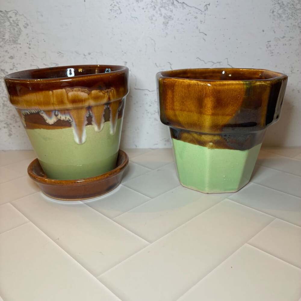 Art Pottery Ceramic Planter Set Green Brown Drip Glaze Plant Pots